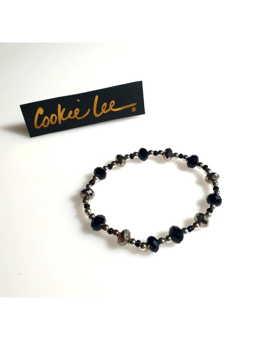 Cookie Lee Black Silver Beaded Stretch Bracelet Stylish Faceted Elastic New Gift